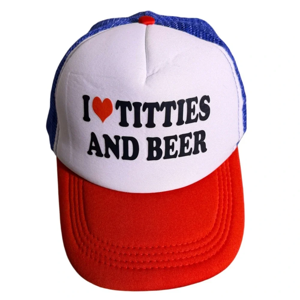NWOT I Love Titties & Beer Funny Trucker Hat Red White Blue Snapback One Size